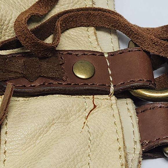 Lucky Brand Leather Purse Double Handle Brown Yellow Tote Hobo Boho Shoulder Bag - Picture 8 of 16